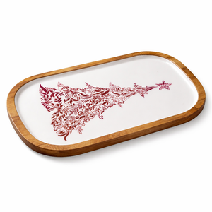 Bandeja de servir de madera de mango esmaltada hecha a mano, grande y pequeña, color granate, con diseño de árbol de Navidad, personalizada, para aperitivos, vajilla, juegos de platos de servir - Product Image 1