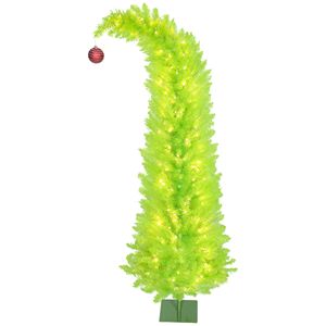 Albero di Natale Fantasioso con Cima Curva di 1,8 m, con Palline Rosse, Base in Metallo, Preilluminato con 230 Luci LED per Decorazioni - Product Image 1