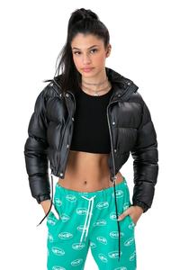 2026 <b>Ladies</b> High Shine Detachable <b>Hood</b> Black <b>Winter</b> <b>Coat</b> Luxury Shiny Oem Custom Logo Women Cropped Velvet Puffer Jacket - Product Image 4
