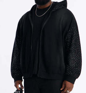 Sudadera con capucha negra extragrande con cremallera y patrón de puntos brillantes para hombre, de poliéster tejido, para otoño, corte regular - Product Image 1