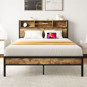 Full-Size Metal <b>Platform</b> <b>Bed</b> <b>Frame</b> with Storage Headboard Charging Station Bookcase-No Box Spring Needed - Product Image 1