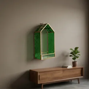 Artisan Design Modern Green Glass <b>Wall</b> Shelf with Brass Frame Hut Shape <b>Hanging</b> <b>Storage</b> Organizer for Living Room Decor - Product Image 2