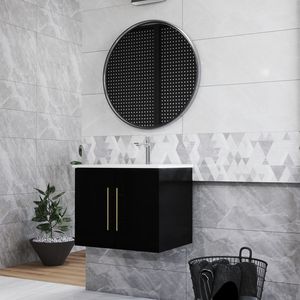 Mobile bagno sospeso da 24 pollici con doppio lavabo in ceramica, ante con cerniere a chiusura ammortizzata, montaggio facilitato, finitura oro metallico - Product Image 3