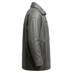 Abrigo de Cuero Genuino para Hombre, Color Gris Carbón, Cuello Plegado, Detalles Laterales en Contraste, Estilo Biker, Invierno, Fabricante OEM Personalizado - Product Image 3