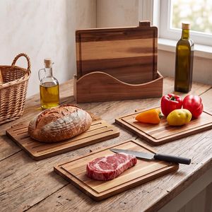 Juego de 4 tablas de cortar de acacia con soporte, tablas de madera para carne, pescado, verduras y pan, tablas de preparación de cocina con recogedor de migas - Product Image 6