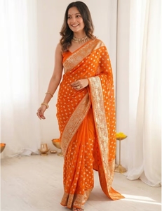 KV Traditional <b>Orange</b> Rayon Silk Georgette Woven <b>Saree</b> with Unstitched Blouse for Party - Product Image 5