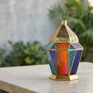 Latest 2027 <b>Brass</b> Hexagon Handmade Moroccan Colorful Glass <b>Lantern</b> for Ramadan Decorations - Product Image 6