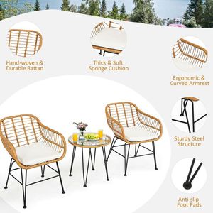 Set di Mobili da Esterno in Rattan - 3 Pezzi, Resistente Arredo per Balcone con Sedie Imbottite e Tavolo - Product Image 2