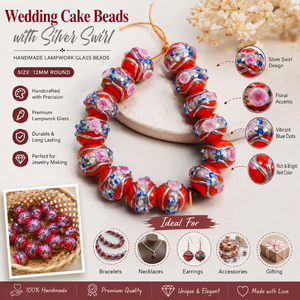Decorative Wedding Cake Lampwork Crystal <b>Beads</b> 12mm Round <b>Red</b> Glass with Silver Swirl Floral Pattern Handmade Jewelry - Product Image 6