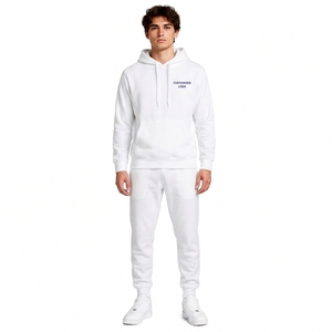 Ensemble de survêtement en coton blanc pour homme, coupe classique, couleur unie, avec logo sur le devant et poches latérales, idéal pour l'automne - Product Image 1