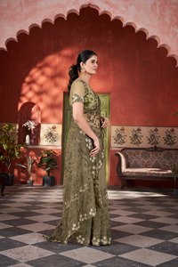 Olive <b>Green</b> Embroidered Silk Saree Set Women Traditional Wedding Wear India Pakistan Style Regular Fit Stretchable - Product Image 4
