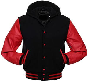 Chaqueta Varsity Negra con Capucha para Hombre, Mangas de Cuero PU, Cierre de un Solo Botón, Chaqueta Formal de Invierno, Resistente al Viento, de Nailon - Product Image 3