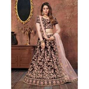 Lehenga Choli de mariée en soie de velours marron foncé avec des robes de mariée à broderie de fil - Product Image 4