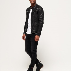 Durable Genuine Leather Stand Collar Breathable Zip-Up Closure Streetwear Leather Jacket <b>Sherpa</b> Lining Fur Trim Standard <b>Men</b> - Product Image 5