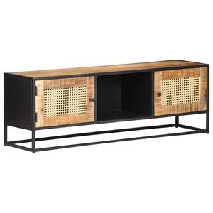 Meuble TV en bois de manguier massif avec accents en rotin naturel et en fer, taille moyenne, pour salon - Product Image 1