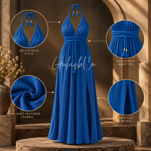 Robe longue bleu roi à col halter, taille ajustable avec lien, tissu texturé doux, fente latérale, fluide, pour l'été, la plage, les soirées et les fêtes - Product Image 5