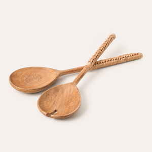 Hand-Carved Mango Wood Salad Servers with Rattan <b>Wrapped</b> Handles 2 Piece Eco-Friendly Wooden Serving Set for <b>Kitchen</b> & Farmhouse - Product Image 1