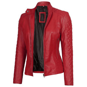 Women's Red Quilted Biker Leather <b>Jacket</b> A Slim-Fit Cafe Racer Style <b>Jacket</b> Crafted from Genuine Lambskin Leather - Product Image 1