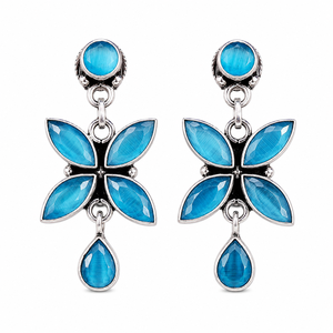 Wholesale <b>Oxidized</b> Silver Brass Blue Cat Eye Stone Dangle Earring for Women | Boho Floral Drop Earrings | Fashion Jewelry Supply - Product Image 1