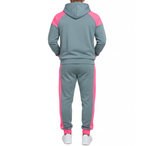 Ensemble de survêtement pour homme gris ardoise et rose fluo – Sweat à capuche à manches raglan avec poignets contrastants et pantalon assorti – Collection Athlétique - Product Image 2