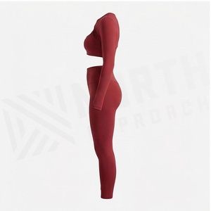 North Approach 2 Piece Yoga Set Full Length Solid Red Breathable High Waist Seamless Sportswear - Product Image 3
