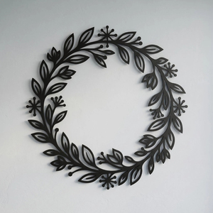 Charming Black Cutout Floral Wreath Featuring Minimalist Leaves And Star Blossoms, Sleek Modern Wall Decor Art For Your Home - Product Image 1