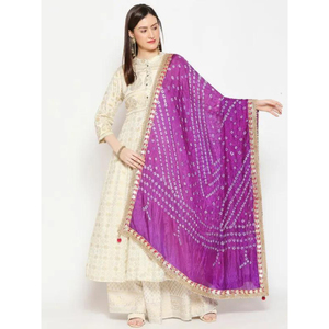 Handmade Bandhani Dupatta Purple Silk With Gold Border Traditional Indian <b>Wedding</b> Wear For Women - Product Image 1