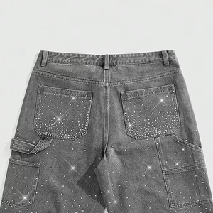 <b>Mens</b> Washed Charcoal Denim Jorts Shimmering Rhinestone Embellishments Loose Baggy Fit Retro Y2K Grunge Streetwear Apparel - Product Image 3