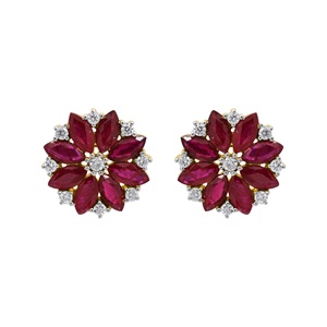 Wholesale 18k Yellow Gold Natural Marquise Ruby Diamond Floral Cluster Stud Earrings Memoria Jewels - Product Image 1