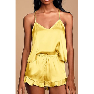 Conjunto de Salón de Satén Amarillo, Camiseta sin Mangas con Cuello en V y Pantalones Cortos, Lencería Sexy de Verano, Color Sólido, Tela Suave, Pijama de Dos Piezas - Product Image 4