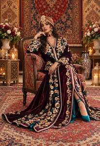Vestido Caftán Marroquí de Terciopelo Color Ciruela Mishkat Couture, Bordado a Mano, Largo MAXI, Mangas Largas, para Mujeres Musulmanas Europeas, Lujoso - Product Image 5