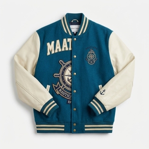 <b>Mens</b> Teal <b>Cream</b> Leather Sleeve <b>Jacket</b> Nautical Embroidery Custom Bomber Streetwear Snap Button Premium Outerwear - Product Image 6