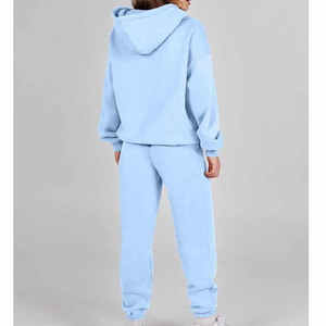 Conjunto de Sudadera con Capucha y Pantalones Deportivos de Felpa de Algodón Orgánico Transpirable Azul Claro para Mujer, Corte Regular, Color Sólido, Largo Completo - Product Image 3