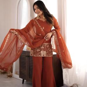 Premium roman silk <b>women</b>’s embroidered <b>kurti</b> pant dupatta ethnic outfit breathable fabric smooth drape festive elegant clothing - Product Image 1