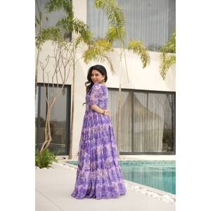 Magnifique robe trapèze à imprimé floral, taille empire, en tissu mousseline, idéale pour les soirées - Product Image 3