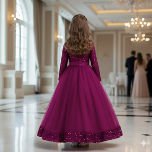 Elegantes Vestidos de Fiesta para Niñas con Lentejuelas y Manga Larga, Vestidos de Tul con Bordado de Terciopelo de Lujo, Vestidos Morados para Damas de Honor en Bodas y Fiestas - Product Image 2