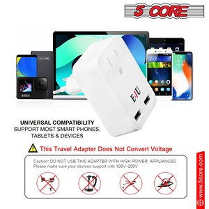 5 Core European Travel <b>Plug</b> <b>Adapter</b> w 2 <b>USB</b> Ports Universal Adopter for International Power Outlet - Product Image 4