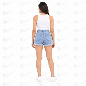 Shorts en jean taille haute délavé clair pour femme, avec fermeture boutonnée et cinq poches, décontracté, idéal pour l'été, vente en gros - Product Image 4