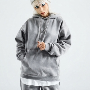 Sweat-shirt à capuche surdimensionné pour femme, couleur unie, en coton tricoté, longueur normale, avec poches, respirant, streetwear - Product Image 4