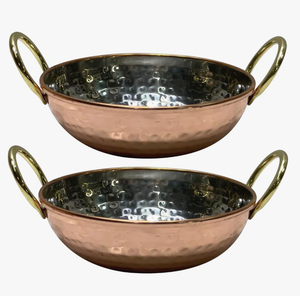 Ensemble de bols Karahi traditionnels en cuivre martelé, faits à la main, avec poignées en laiton, doublure en acier inoxydable, pour servir le curry indien - Product Image 1