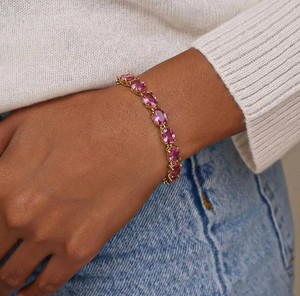 Pulsera de tenis de plata de ley chapada en oro con zafiro rosa cultivado en laboratorio de corte ovalado, elegante y lujosa, regalo de joyería para aniversario - Product Image 2