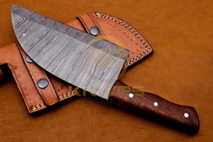 Cuchillo de carnicero hecho a mano de acero de Damasco, cuchillo de chef con mango de madera, cuchillo de cocina para cortar carne con funda de cuero - Product Image 3