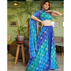 Conjunto de Falda de Gasa Azul Pétalo Transpirable para Mujer con Top de Manga Media y Hombro Descubierto, Talla XS - Product Image 1