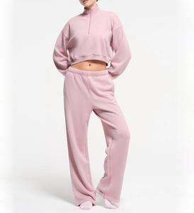 Lady's Medium Weight Soft Plush Fleece Cotton Relaxed Fit Drop Shoulder Cropped Half <b>Zip</b> Pullover Fleece Jogger Sweatpants Sets - Product Image 1