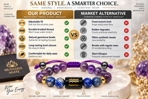 Bracelet en cristal premium du zodiaque Aquarius avec perles d'améthyste, étiquette en cuivre gravée d'un symbole sanskrit - Cadeau souvenir - Product Image 5