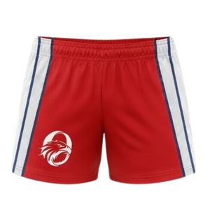 Shorts de netball unisexe rouge et blanc sublimés en polyester léger, uniforme sportif athlétique avec panneau latéral à rayures, tenue de performance - Product Image 1