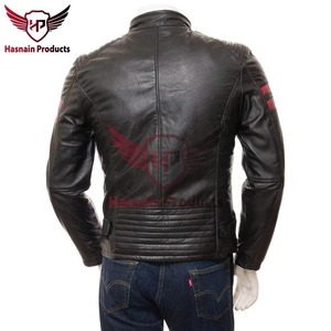 Chaqueta de Cuero Genuino Negra para Hombre, Estilo Motero, Cafe Racer, con Franja Roja de Carreras, Hombros Acolchados, Ropa Vintage Personalizada - Product Image 5