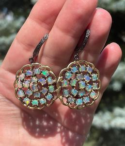 Natural <b>Opal</b> Round Dangle <b>Earrings</b> 925 Sterling Silver / Black Rhodium Gold Plated Large Boho Flower Drop Fancy Handmade <b>Earring</b> - Product Image 3