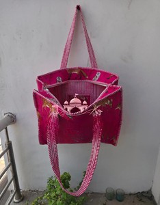 Handcrafted Quilted Cotton Bohemian Tote Bag Zipper Woodland Animal Motifs Striped <b>Straps</b>-Eco-Friendly Shopping Utility Bag - Product Image 2
