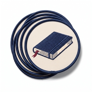 Custom Patch Brand Supplier Round Closed Book Bookmark Badge Off White Twill Navy Border <b>Iron</b> <b>On</b> Applique - Product Image 1